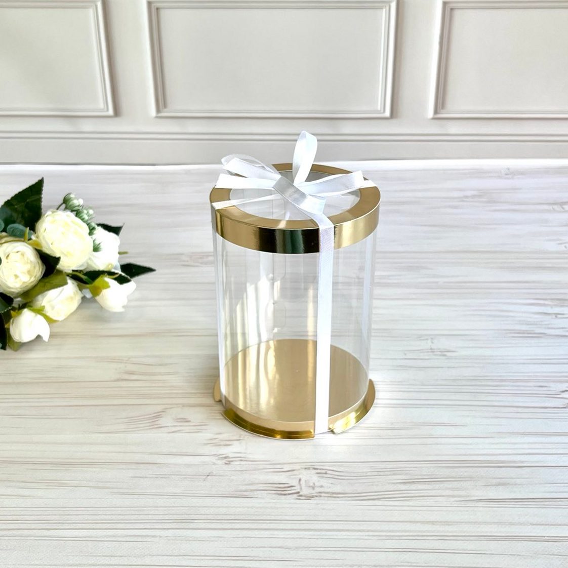 Box Verpackungsschachtel Transparent 12x17 cm Rund GOLD mit Fenster