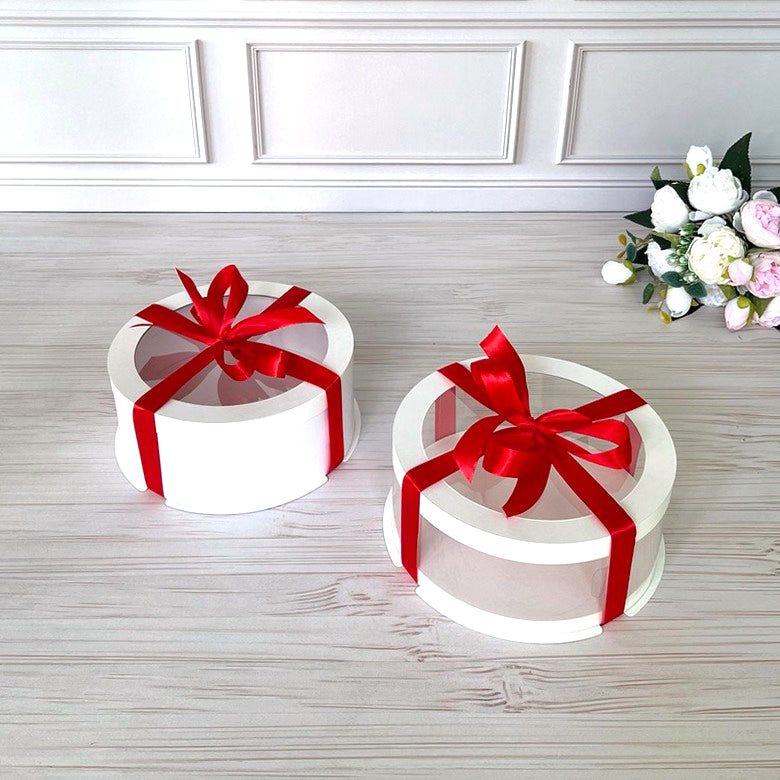 Box Verpackungsschachtel Transparent 20x8 cm Rund Weiß mit Fenster, Pappwände