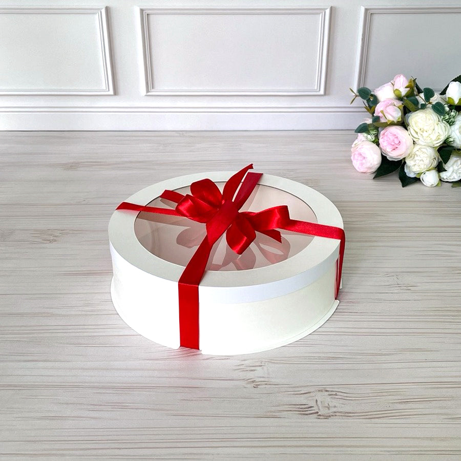 Box Verpackungsschachtel Transparent 25x7 cm Rund Weiß mit Fenster, Pappwände