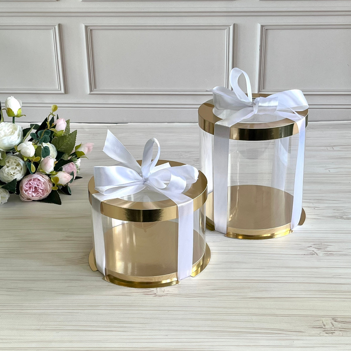 Box Verpackungsschachtel Transparent 16x17 cm Rund GOLD mit Fenster