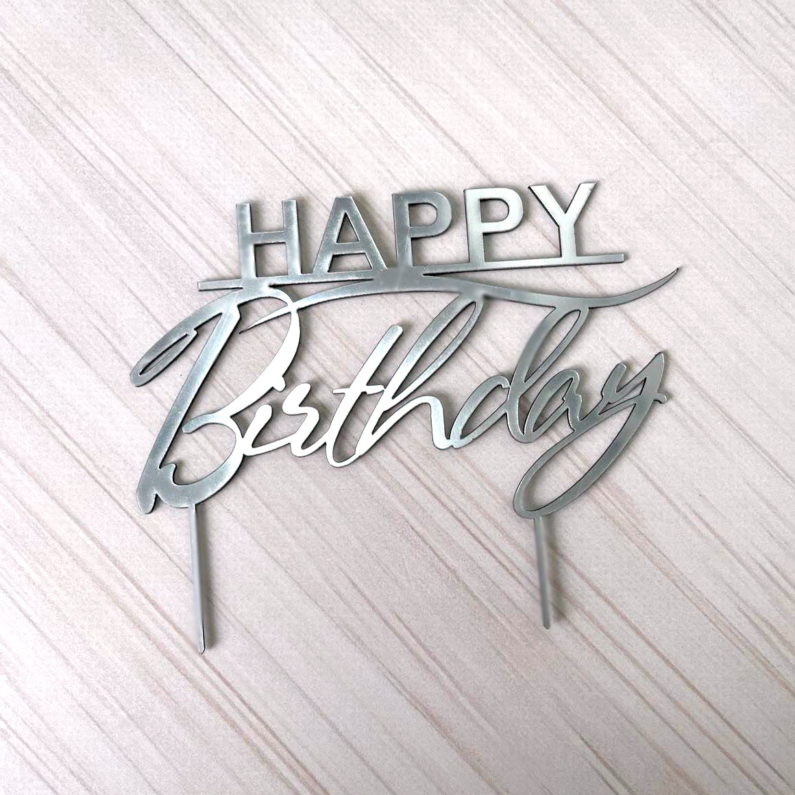 Cake topper “Happy Birthday” on a skewer, Silver (Decor 13)
