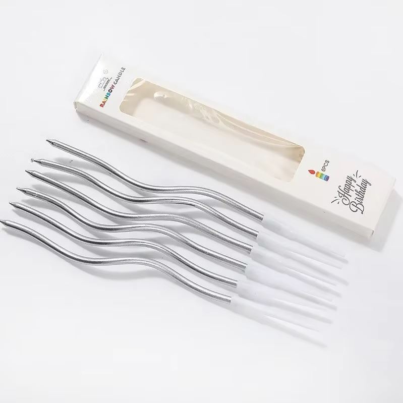 Gedrehte Kuchenkerzen, Silber, 11cm - 6 Stk.