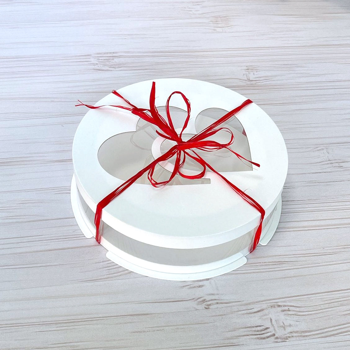 Box Verpackungsschachtel Transparent 20x8 cm Rund Weiß mit Herz Fenster