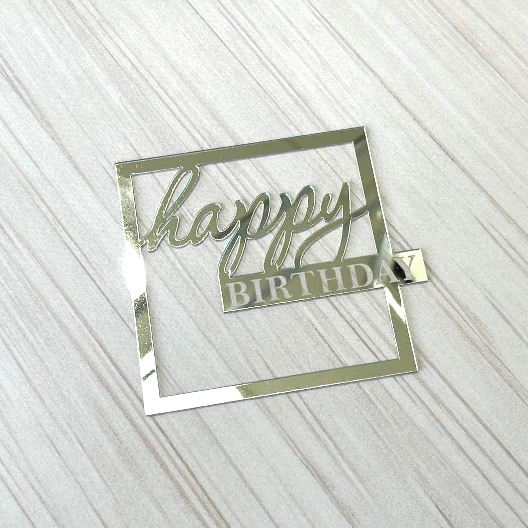 Cake Topper „Happy Birthday“ quadratisch Silber (Dekor 8)