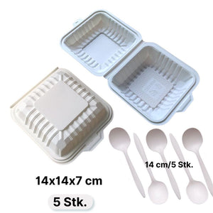 Eco Bento-Box aus Maisstärke 140x140x70 mm + Löffel 140 mm (5+5 Stück)