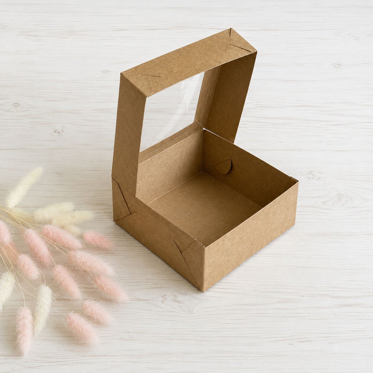 Box für Desserts mit Fenster 13x13x6 cm, Kraft, 5 Stück