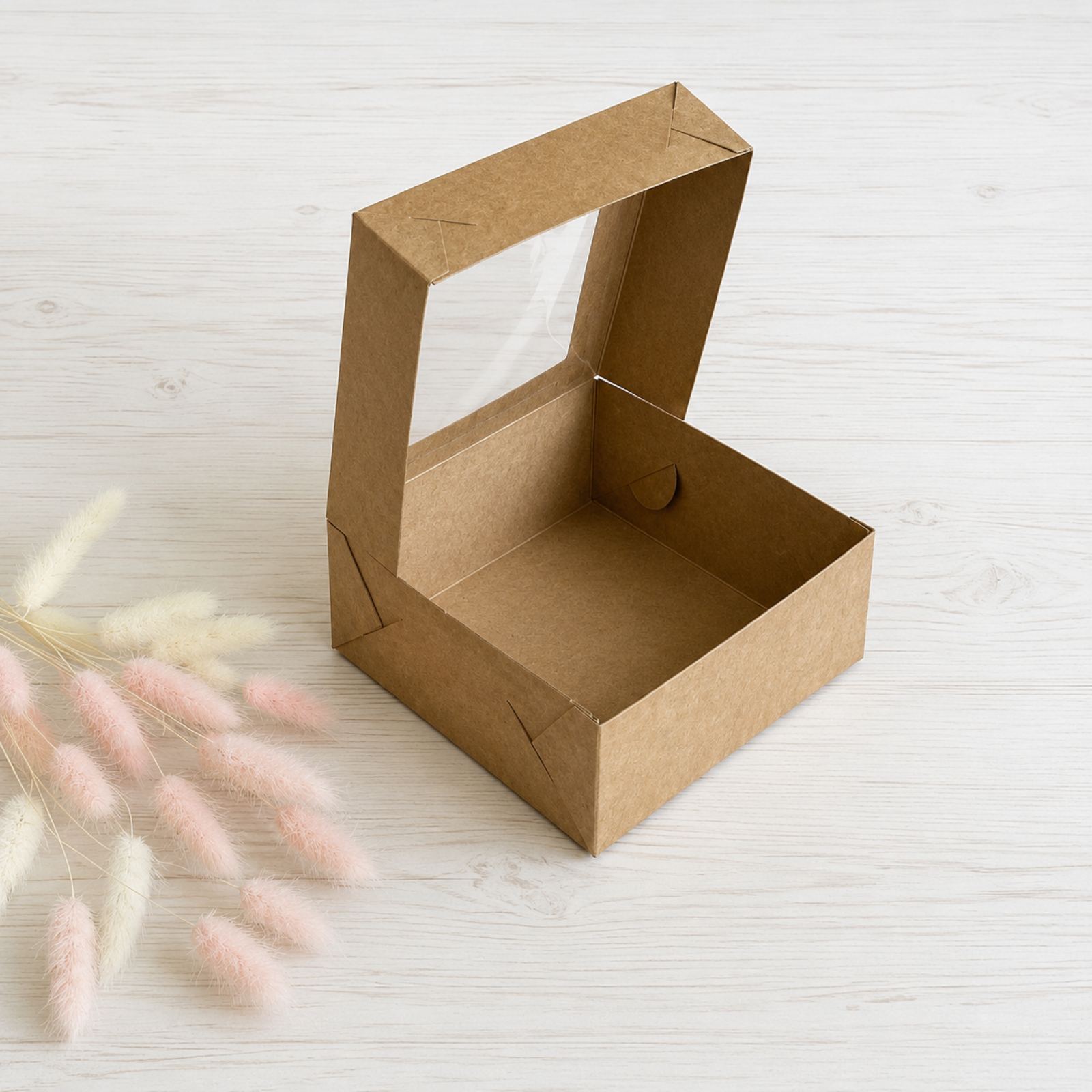 Box für Desserts mit Fenster 13x13x6 cm, Kraft, 5 Stück