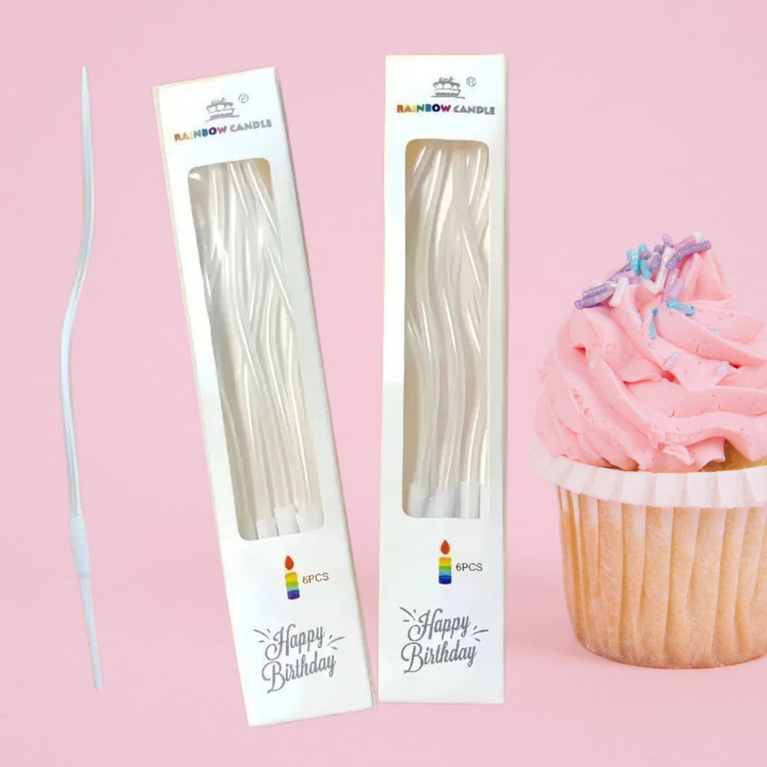 Gedrehte Kuchenkerzen, Weiße Perle, 11 cm - 6 Stk.