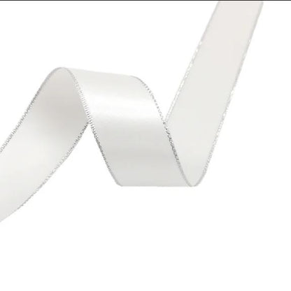 Satinband mit Lurex 2,5 cm Weiß+Silber, 33 m Rolle