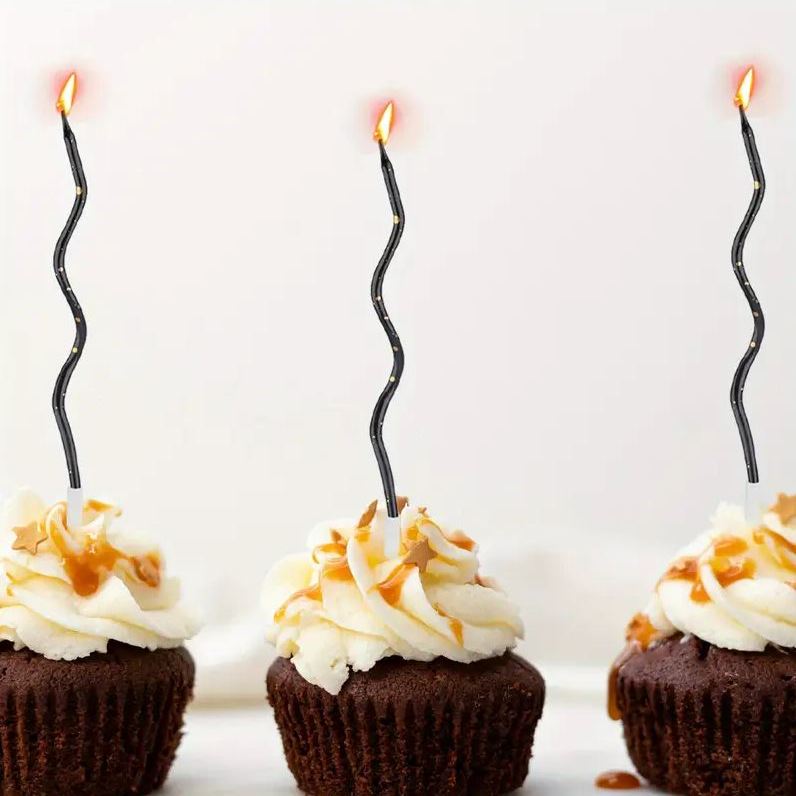 Gedrehte Kuchenkerzen, Schwarz mit Gold, 11 cm - 6 Stk.