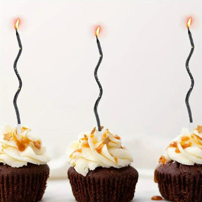 Gedrehte Kuchenkerzen, Schwarz mit Gold, 11 cm - 6 Stk.
