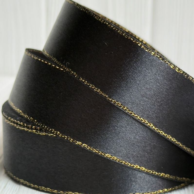 Satinband mit Lurex 2,5 cm Schwarz+Gold, 33 m Rolle