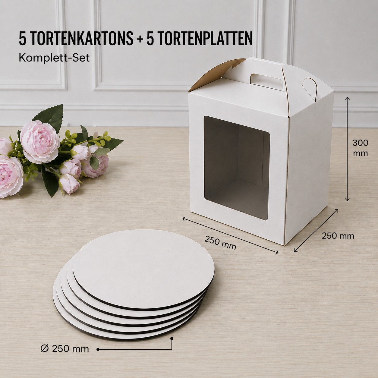 Set: 5 Tortenkartons 250 × 250 × 300 mm + 5 MDF-Tortenplatten Ø 25 cm, weiß