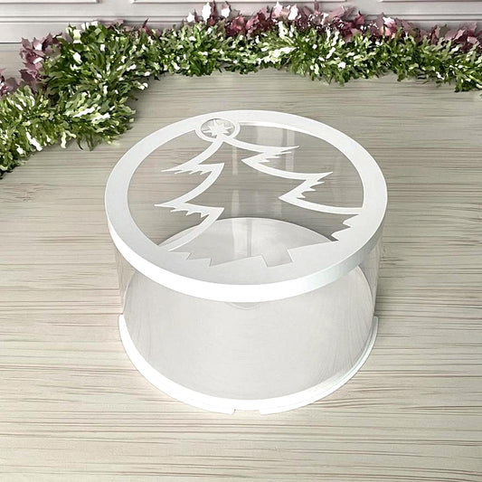 Box Verpackungsschachtel Transparent 20x15 cm Rund Weiß mit Tannenbaum Fenster