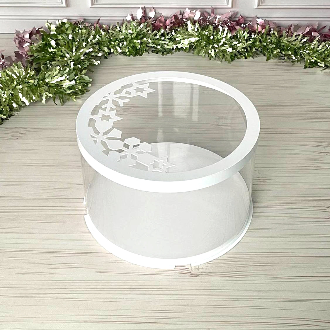 Box Verpackungsschachtel Transparent 25x7 cm Rund Weiß mit Schneeflocke Fenster