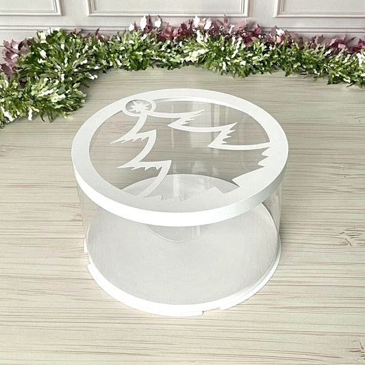 Box Verpackungsschachtel Transparent 25x10 cm Rund Weiß mit Tannenbaum Fenster