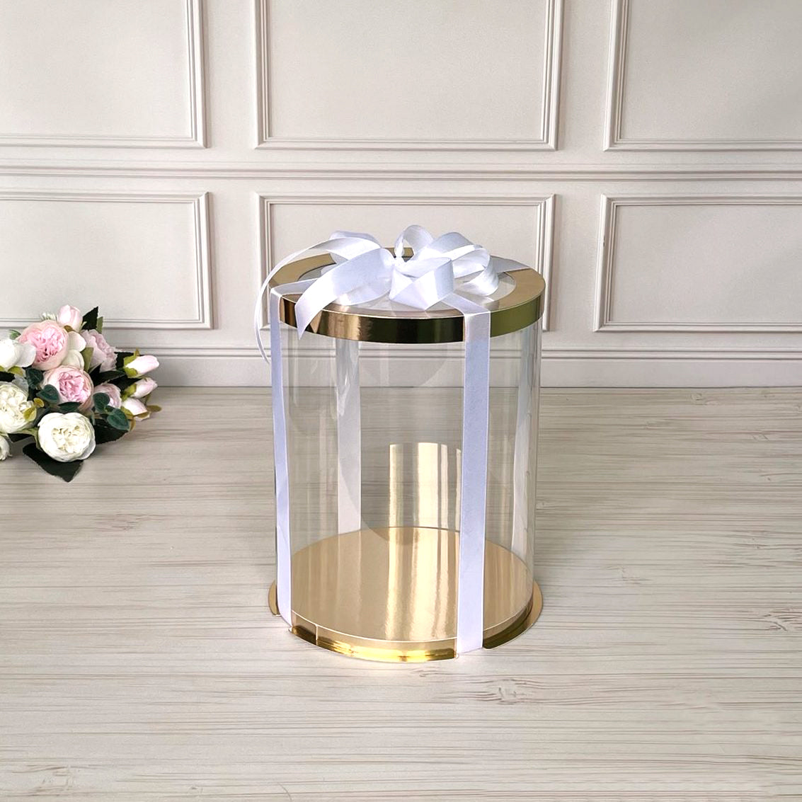 Box Verpackungsschachtel Transparent 30x35 cm Rund GOLD mit Fenster