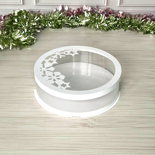 Box Verpackungsschachtel Transparent 25x7 cm Rund Weiß mit Schneeflocke Fenster