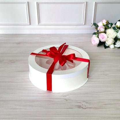 Box Verpackungsschachtel Transparent 25x7 cm Rund Weiß mit Fenster, Pappwände