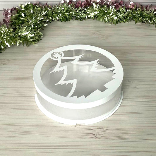 Box Verpackungsschachtel Transparent 20x8 cm Rund Weiß mit Tannenbaum Fenster