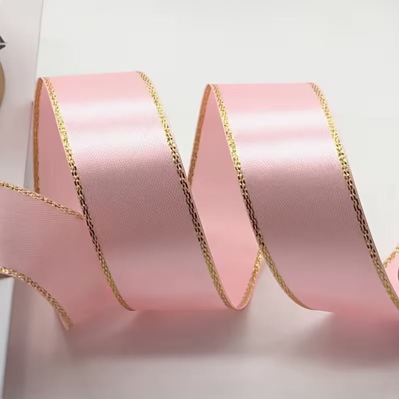 Satinband mit Lurex 2,5 cm Hellrosa+Gold, 33 m Rolle
