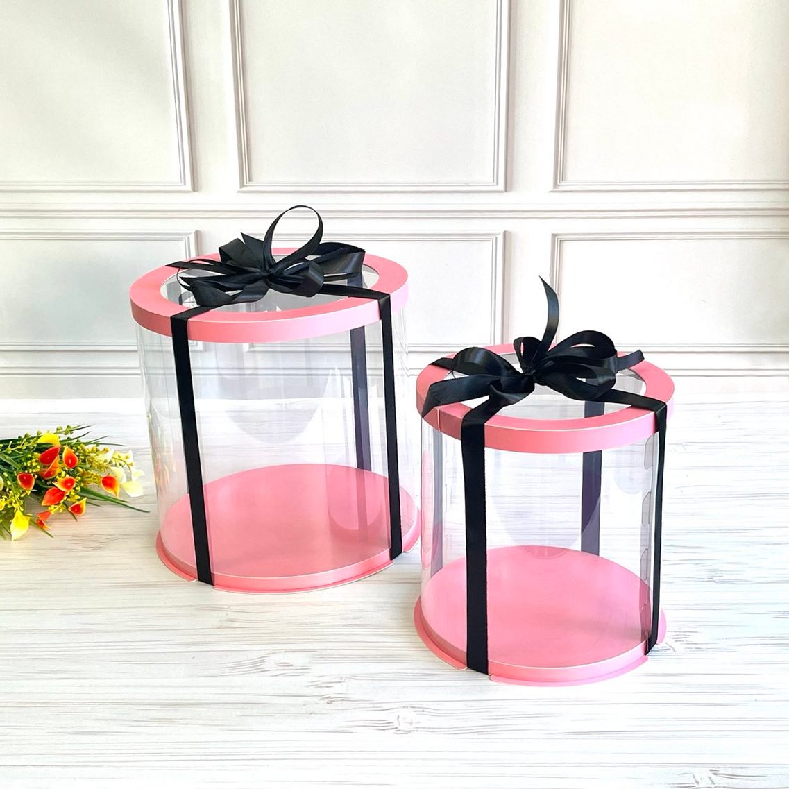 Box Verpackungsschachtel Transparent Rund ROSA mit Fenster