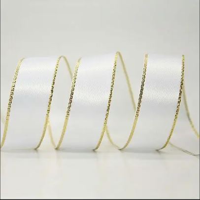 Satinband mit Lurex 2,5 cm Weiß+Gold, 33 m Rolle