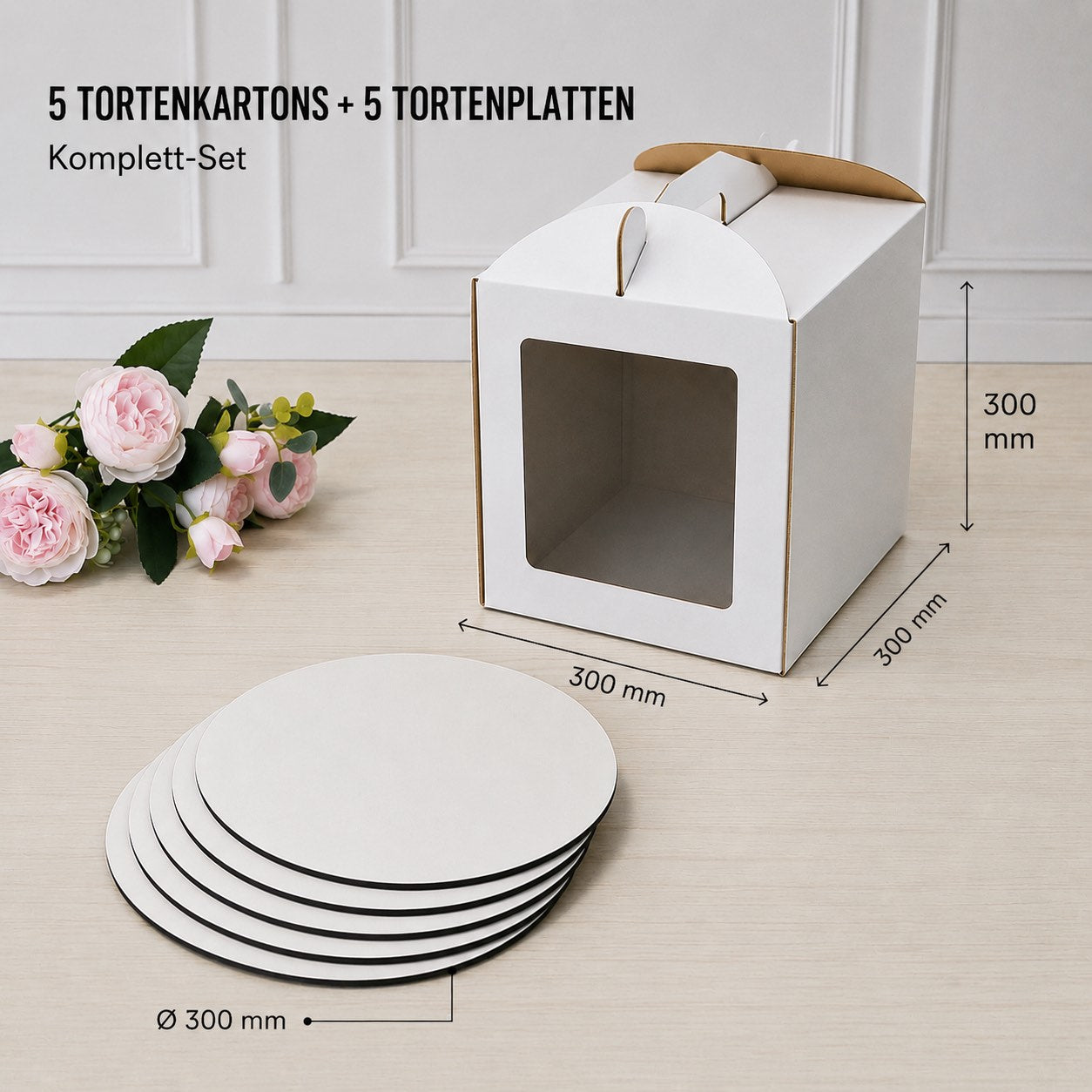 Set: 5 Tortenkartons 300 × 300 × 300 mm + 5 MDF-Tortenplatten Ø 30 cm, weiß