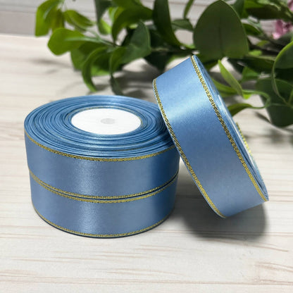 Satinband mit Lurex 2,5 cm Hellblau+Gold, 33 m Rolle