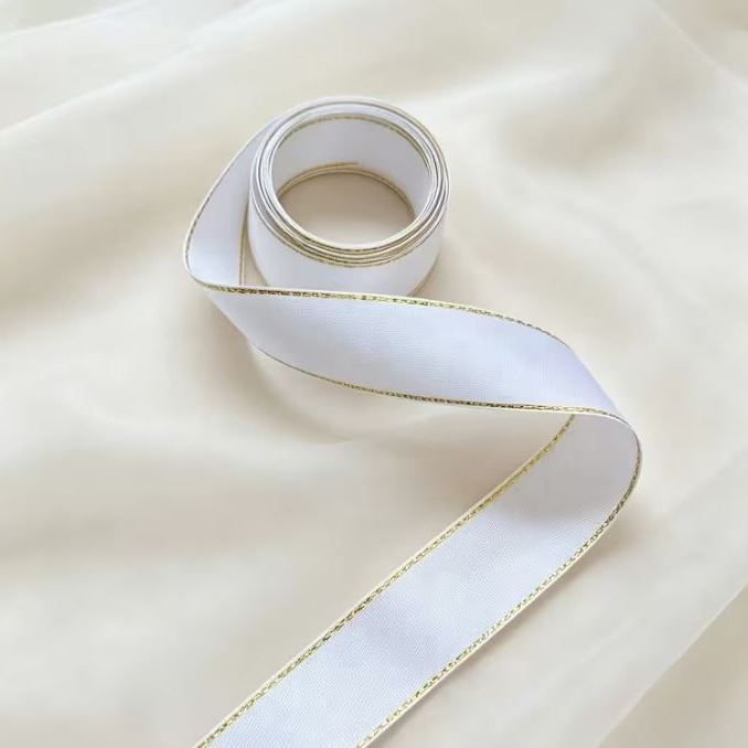Satinband mit Lurex 2,5 cm Weiß+Gold, 33 m Rolle