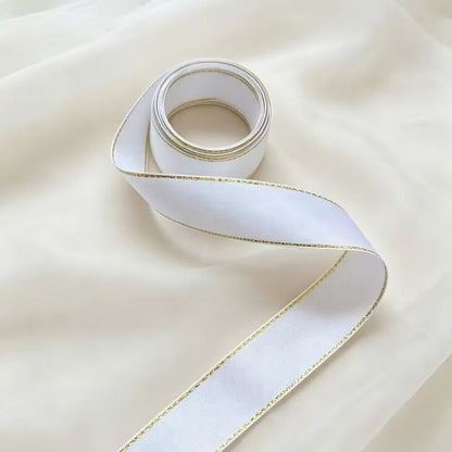 Satinband mit Lurex 2,5 cm Weiß+Gold, 33 m Rolle