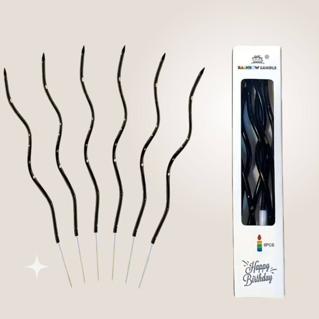 Gedrehte Kuchenkerzen, Schwarz mit Gold, 11 cm - 6 Stk.