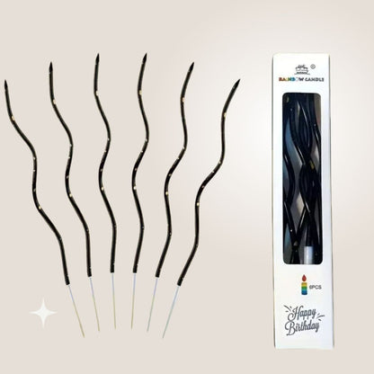 Gedrehte Kuchenkerzen, Schwarz mit Gold, 11 cm - 6 Stk.