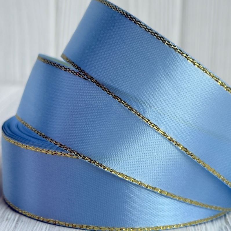 Satinband mit Lurex 2,5 cm Hellblau+Gold, 33 m Rolle