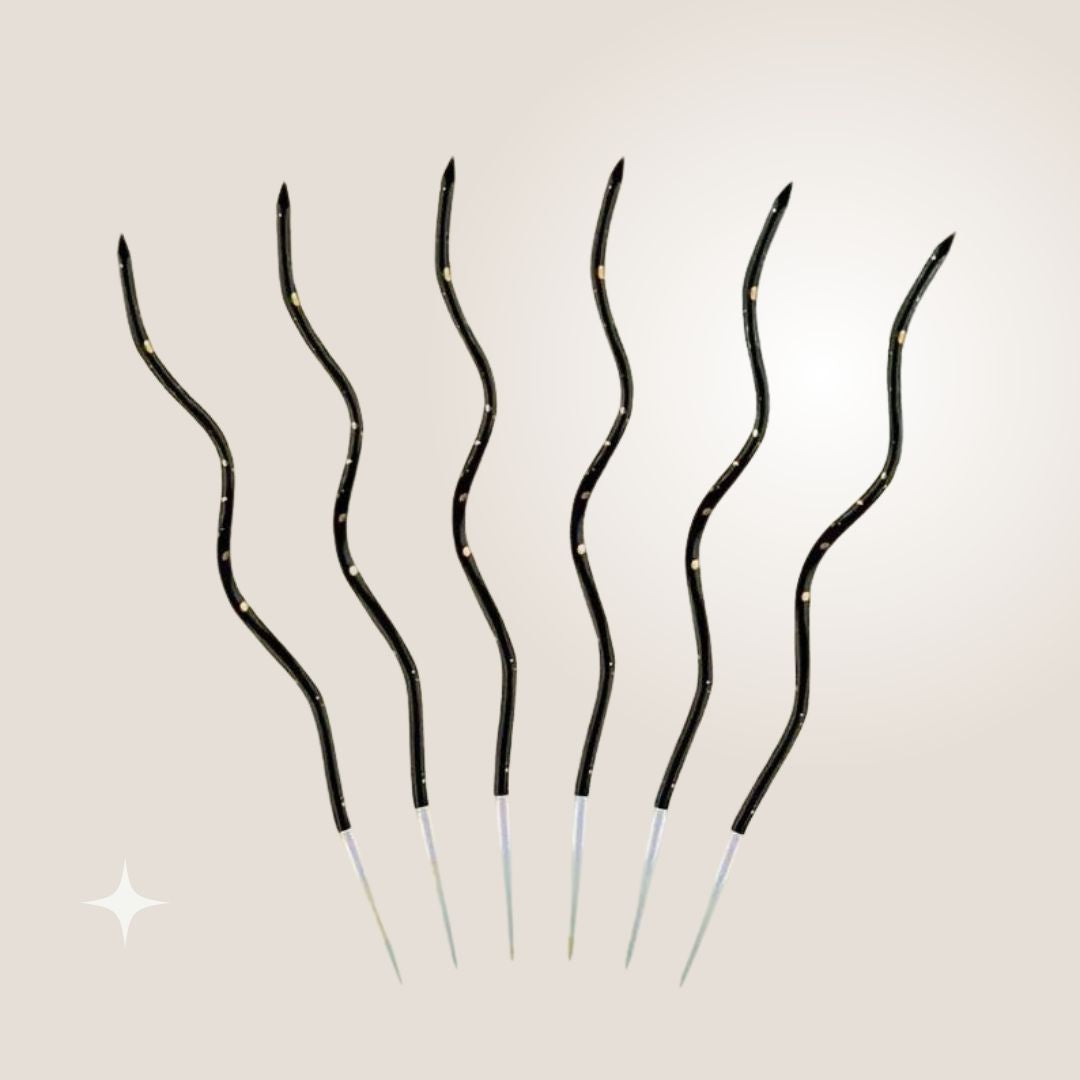 Gedrehte Kuchenkerzen, Schwarz mit Gold, 11 cm - 6 Stk.