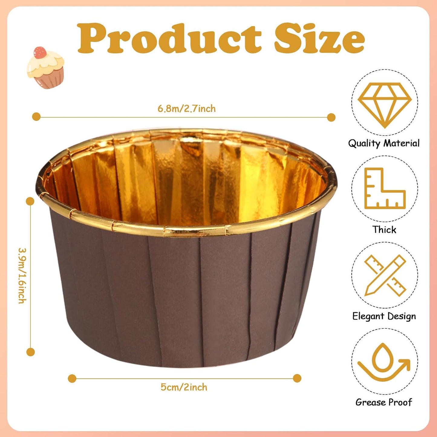 Cupcake / Muffin Backförmchen, 25 Stk – Braun/gold