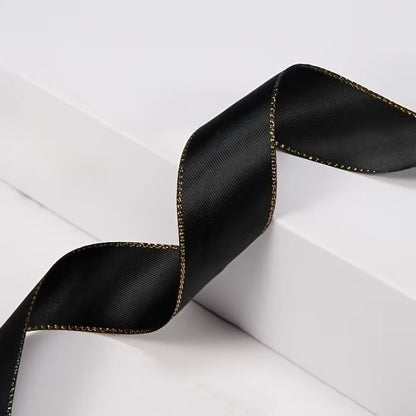 Satinband mit Lurex 2,5 cm Schwarz+Gold, 33 m Rolle