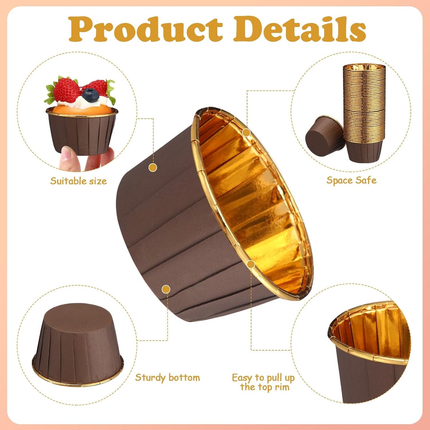 Cupcake / Muffin Backförmchen, 25 Stk – Braun/gold