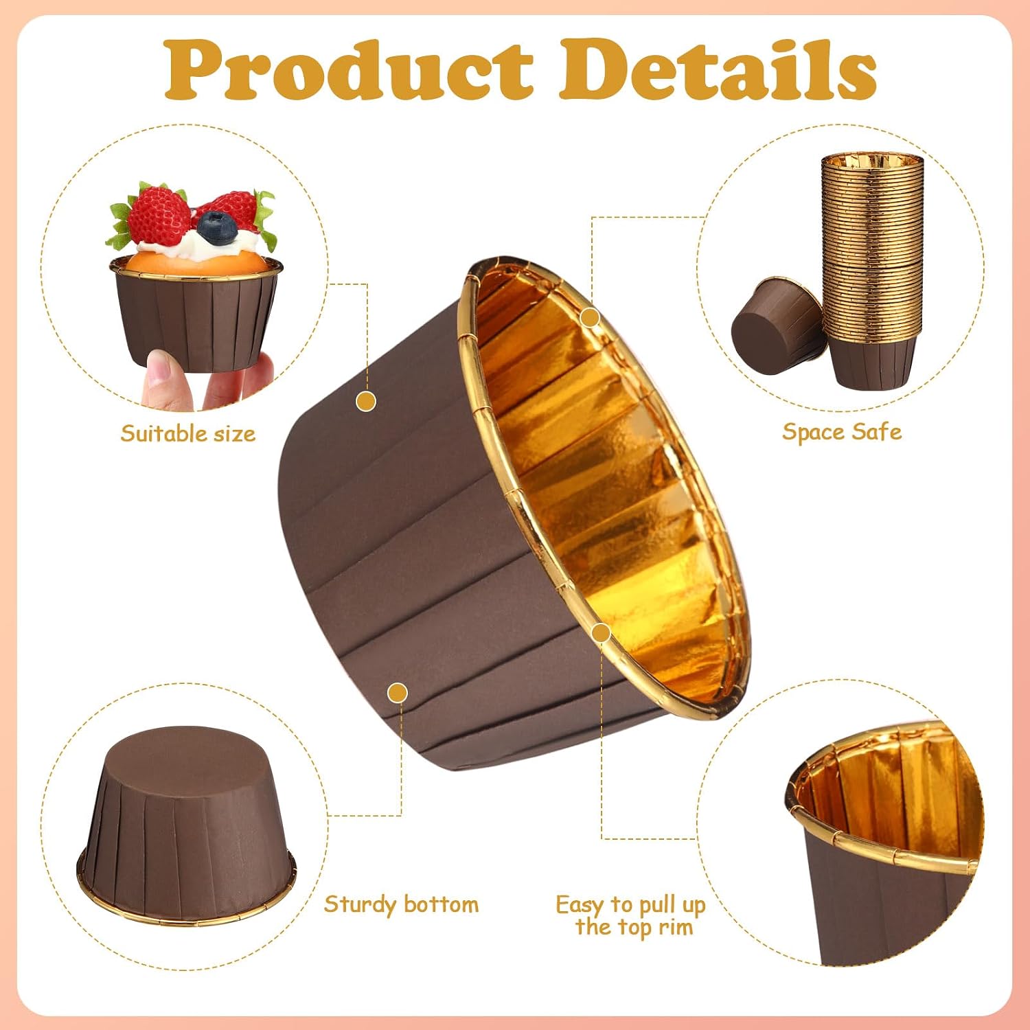 Cupcake / Muffin Backförmchen, 25 Stk – Braun/gold