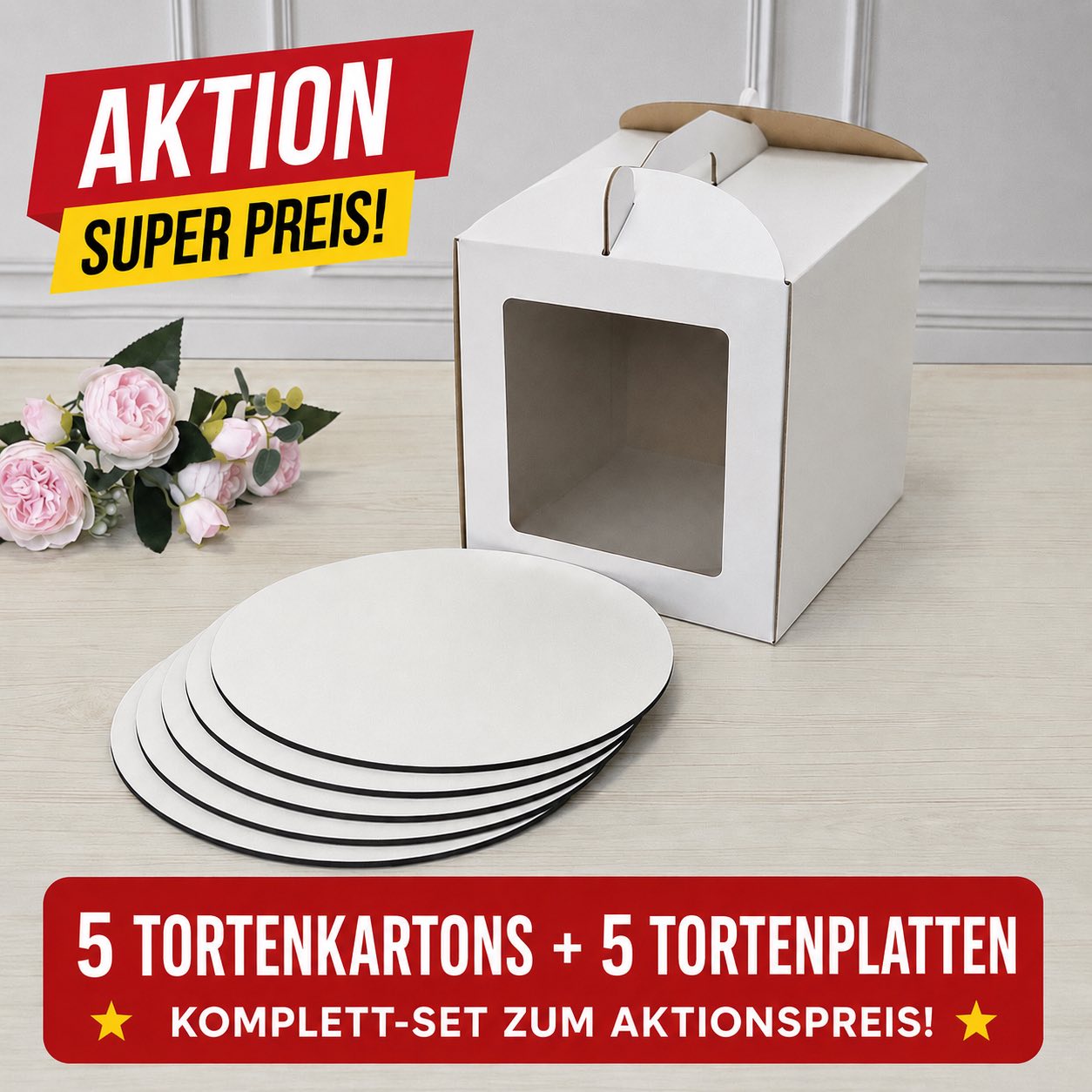 Set: 5 Tortenkartons 250 × 250 × 300 mm + 5 MDF-Tortenplatten Ø 25 cm, weiß
