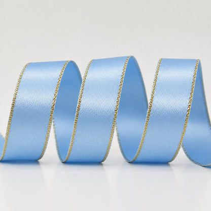 Satinband mit Lurex 2,5 cm Hellblau+Gold, 33 m Rolle