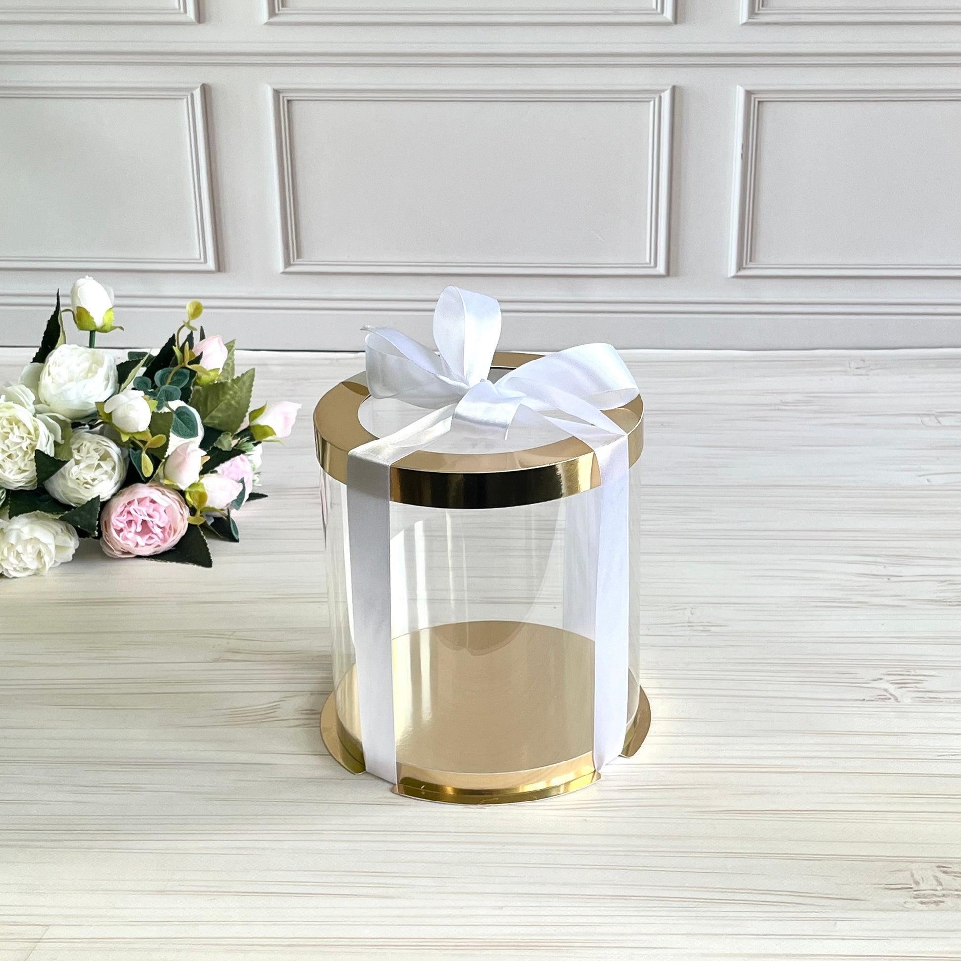 Box Verpackungsschachtel Transparent 16x17 cm Rund GOLD mit Fenster