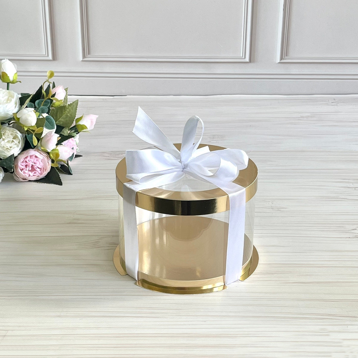 Box Verpackungsschachtel Transparent 16x10 cm Rund GOLD mit Fenster