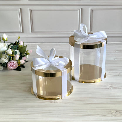 Box Verpackungsschachtel Transparent 16x17 cm Rund GOLD mit Fenster
