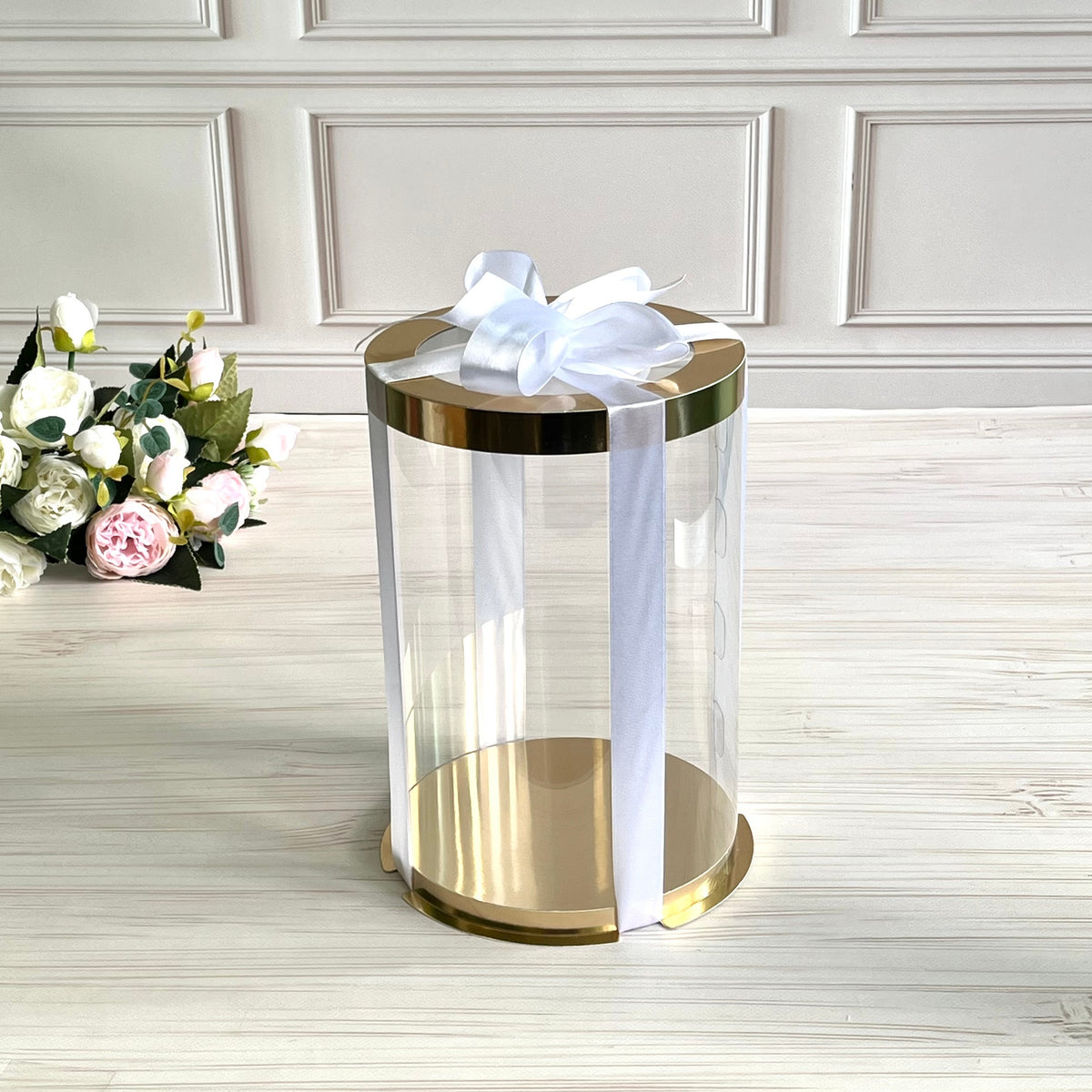 Box Verpackungsschachtel Transparent 16x23 cm Rund GOLD mit Fenster