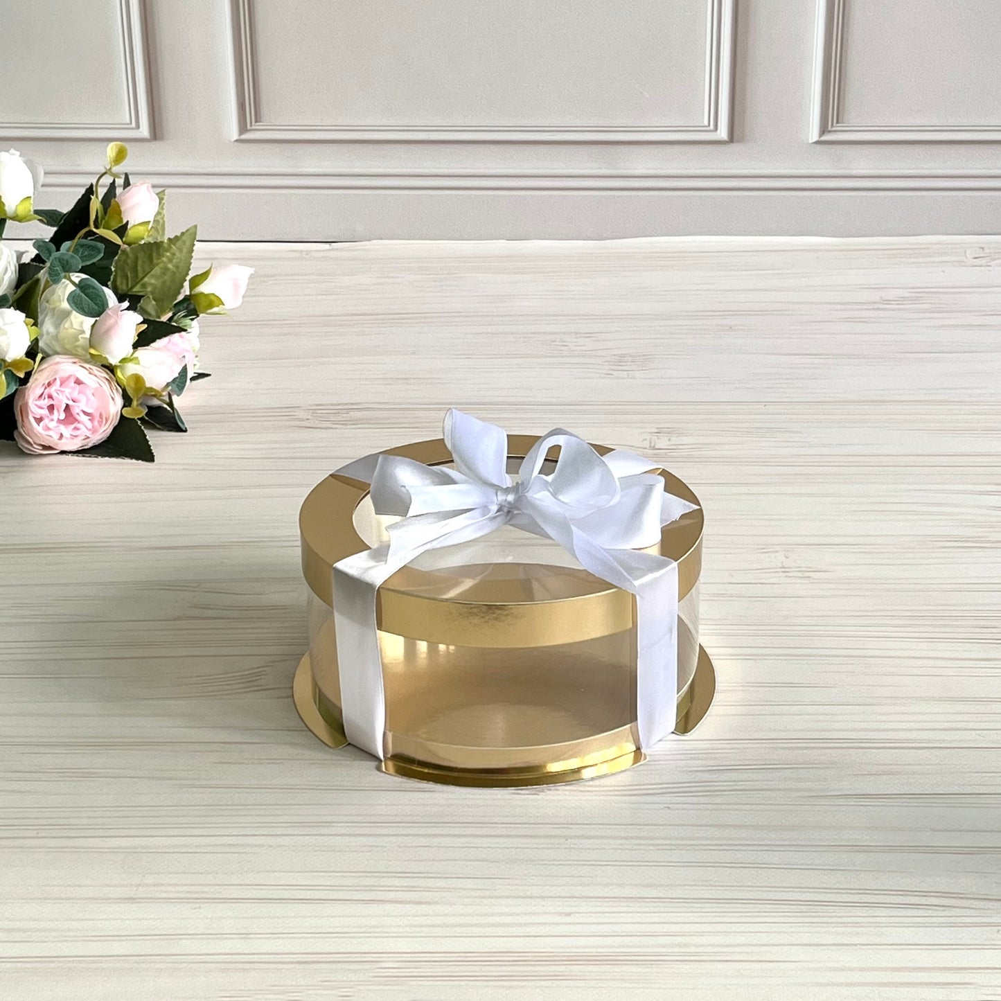 Box Verpackungsschachtel Transparent 16x7 cm Rund GOLD mit Fenster
