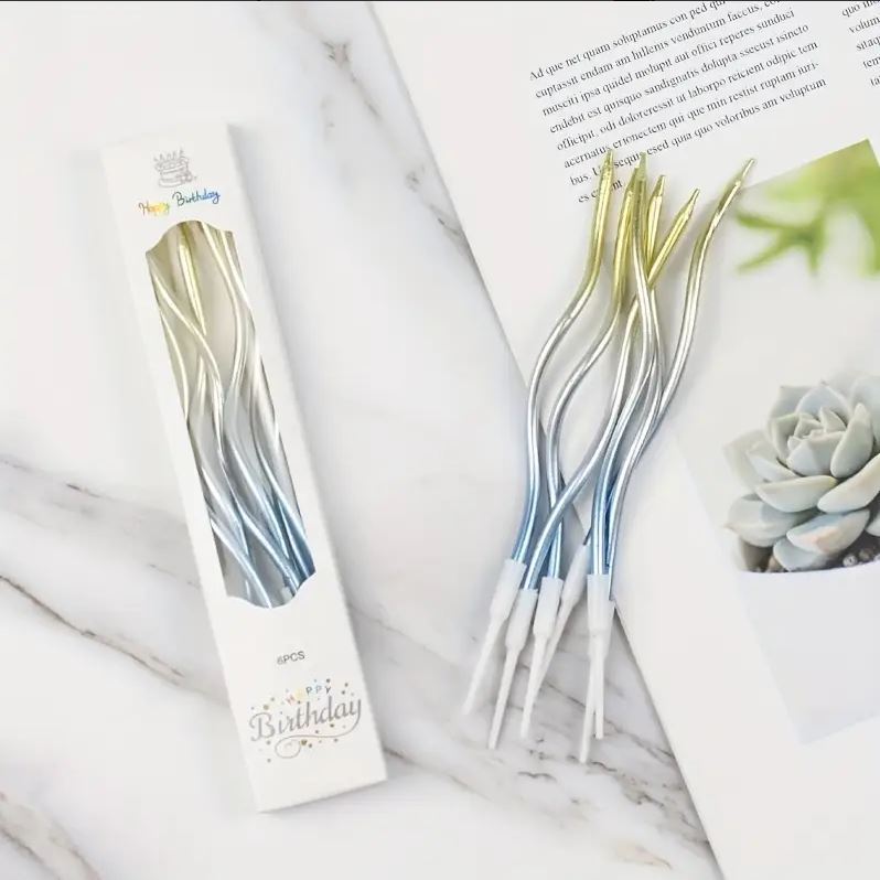 Gedrehte Kuchenkerzen Blau-Silber-Gold – Set mit 6 Kerzen (11 cm)