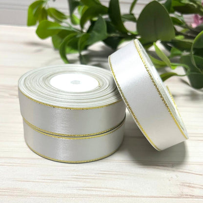 Satinband mit Lurex 2,5 cm Weiß+Gold, 33 m Rolle