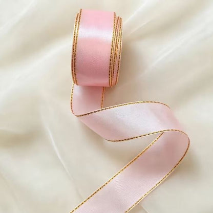 Satinband mit Lurex 2,5 cm Hellrosa+Gold, 33 m Rolle