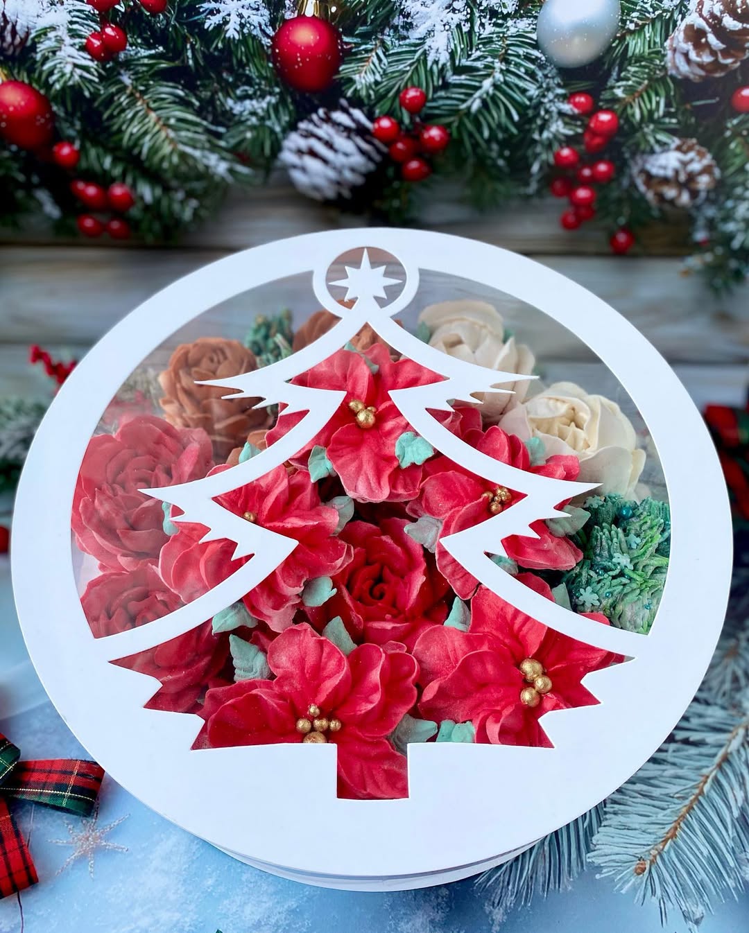 Box Verpackungsschachtel Transparent 25x10 cm Rund Weiß mit Tannenbaum Fenster